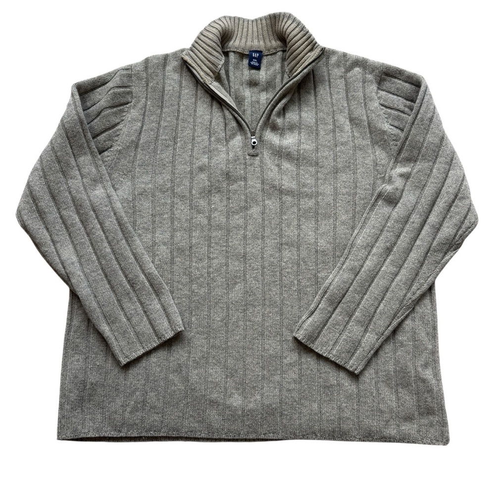 VTG Y2K GAP 100% Lambswool Quarter Zip Sweater XXL Gray Rib Knit Winter Classic